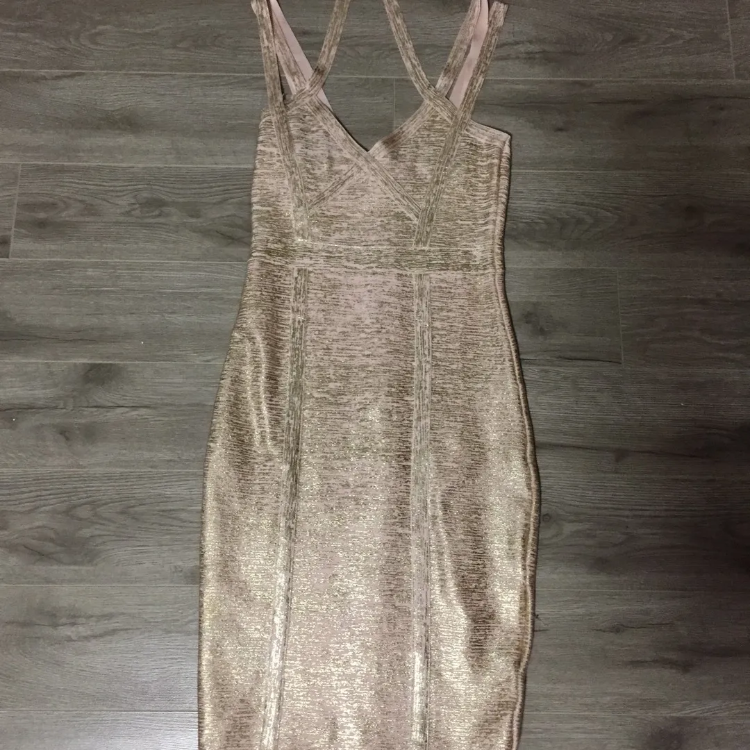 Shiny Pink/gold Bebe Bandage Dress Size Xs photo 1