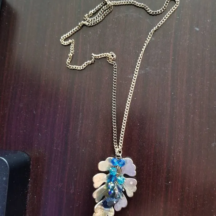 Long Necklace With Gold Leaf And Blue Stone Accents photo 1