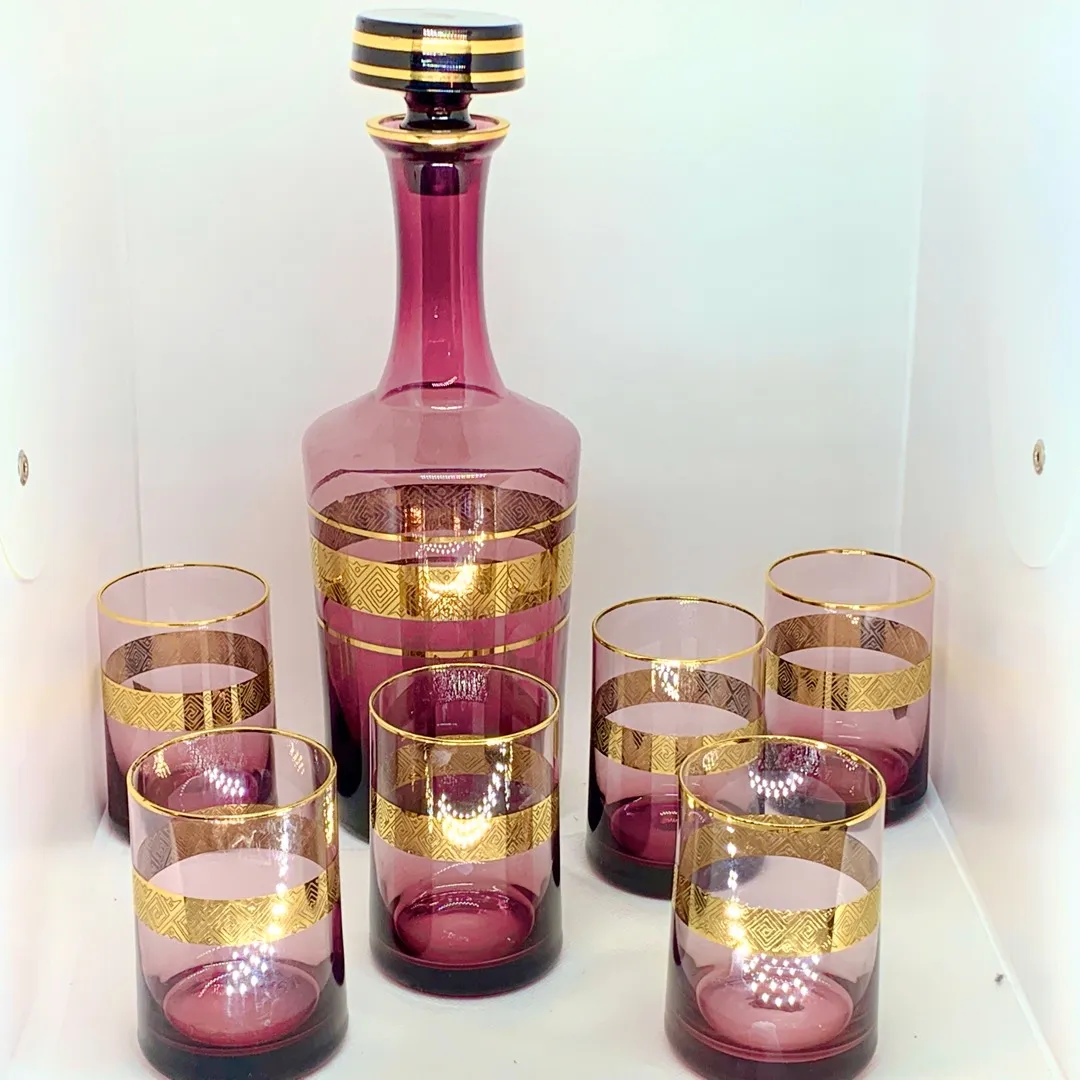 Vintage purple glass decanter set with 6 glasses photo 1