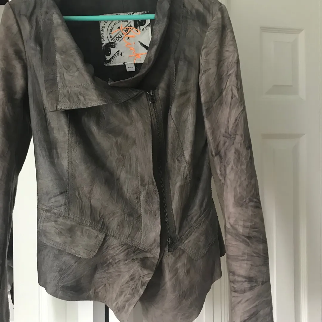 Grey Leather Jacket - Diagonal Zip photo 3