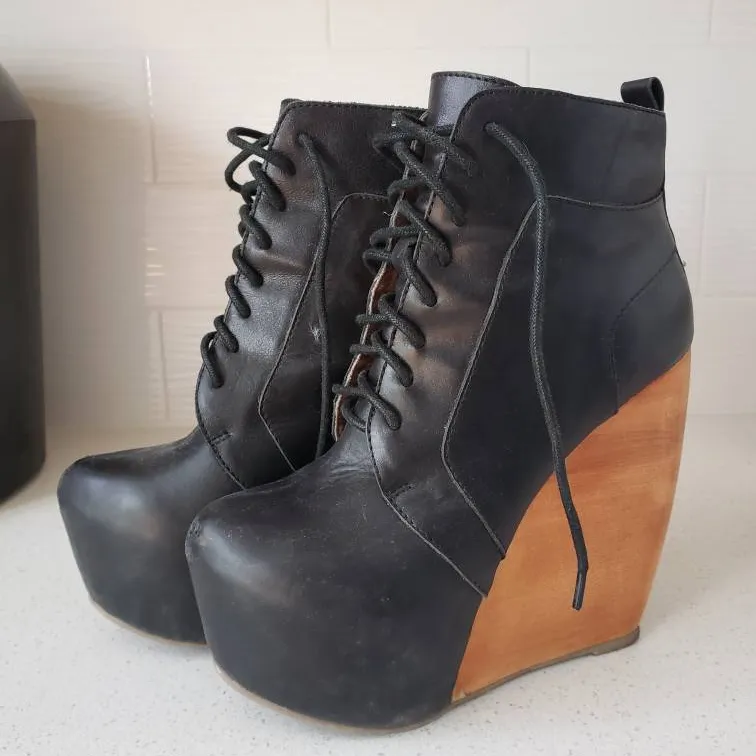 Black Leather Wood Heel Platform Wedge Size 7 photo 1