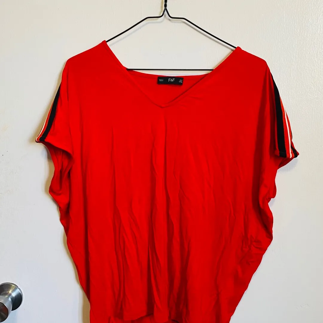 Red Batwing T Shirt With Striped Sleeves photo 1