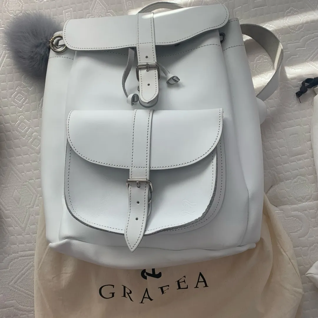 White GRAFEA Leather Backpack w Pom Pom photo 1