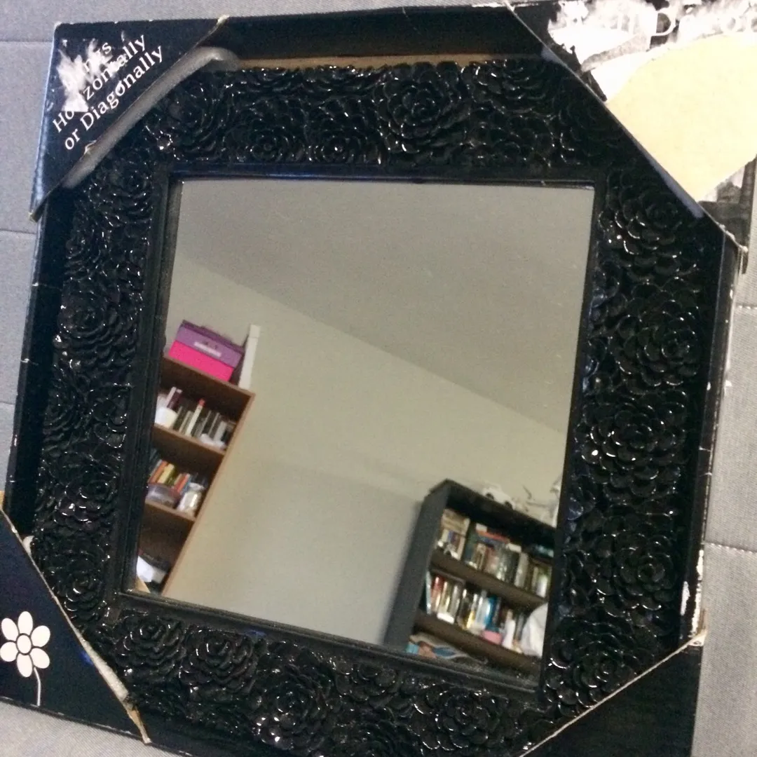 12”x12” Adorable Black Framed Mirror With Succulent Detail photo 1
