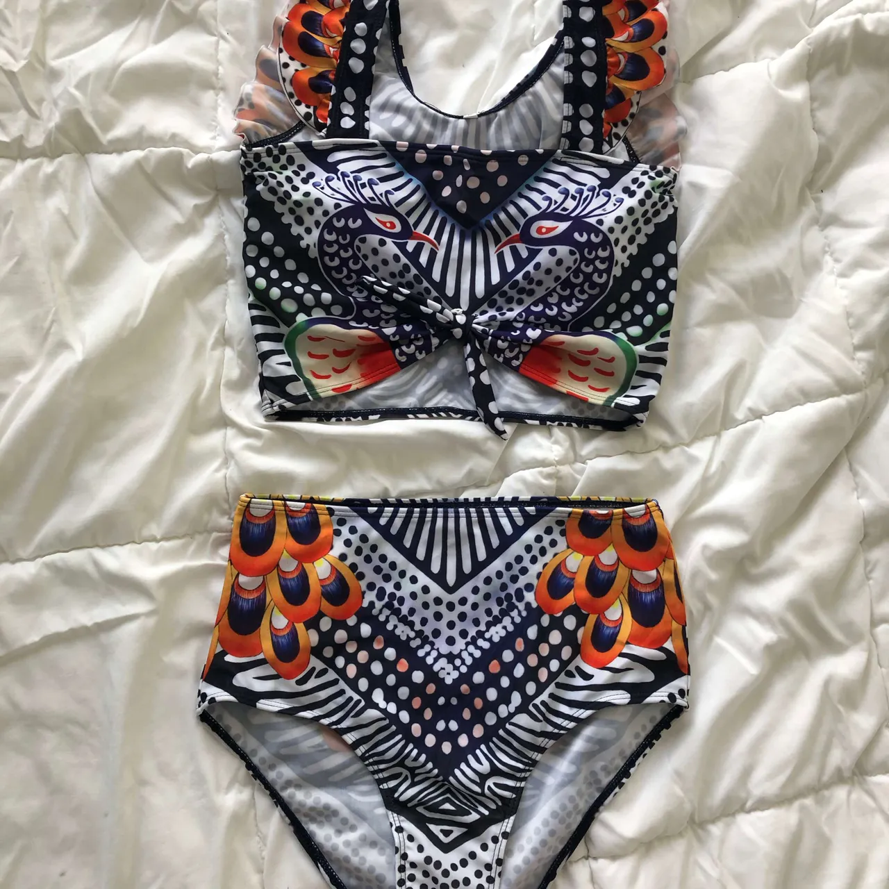 New, Small Bird Print High-Waisted Bikini Set, Ruffled Shoulder photo 1