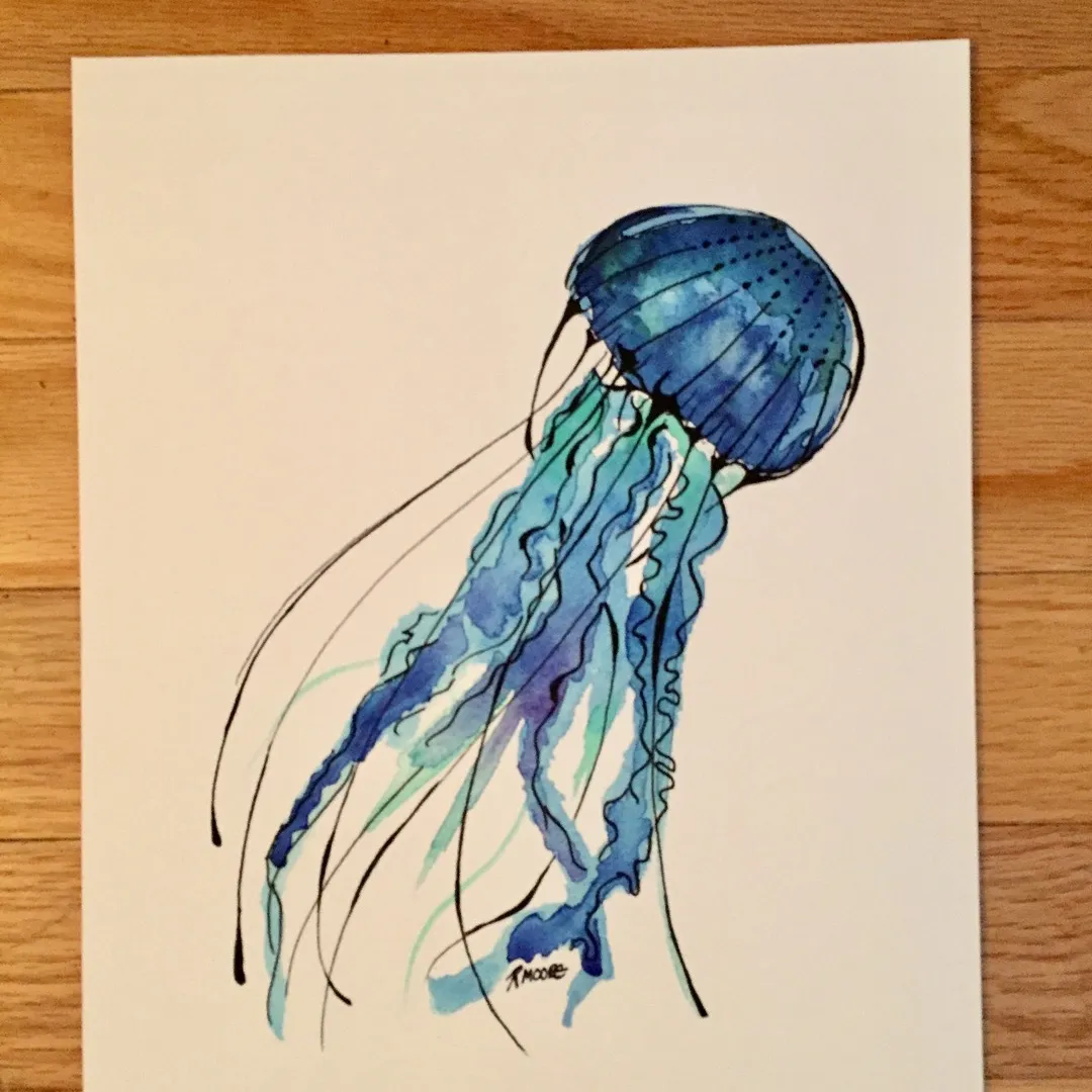 Blue Jellyfish Art Print, watercolour photo 1