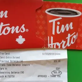 Tom Hortons $50 Gift card photo 1