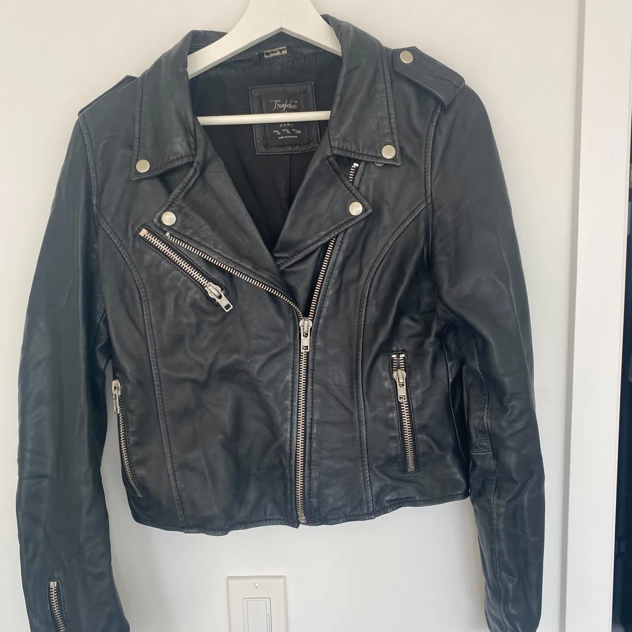 Zara Basic Lambskin Leather Black Moto Jacket Sz Medium/Large photo 1