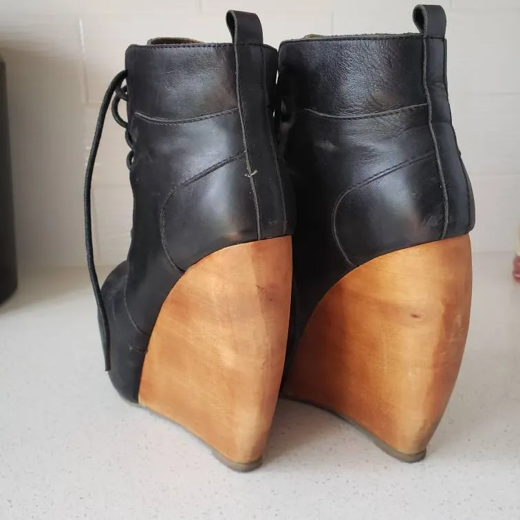 Black Leather Wood Heel Platform Wedge Size 7 photo 3