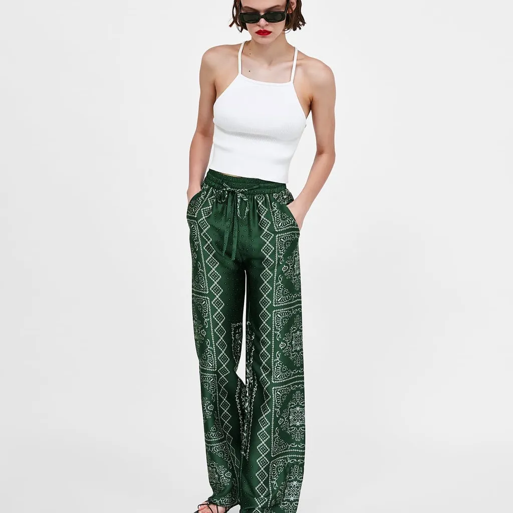 Green Silky Zara Printed Pants Pyjama Style Palazzo Trousers photo 1