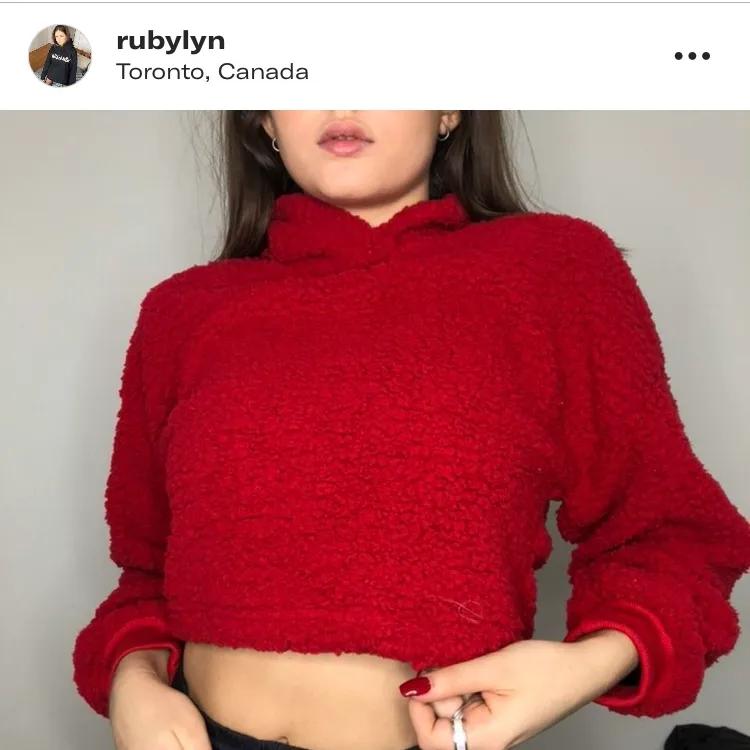 red fuzzy cropped hoodie photo 3