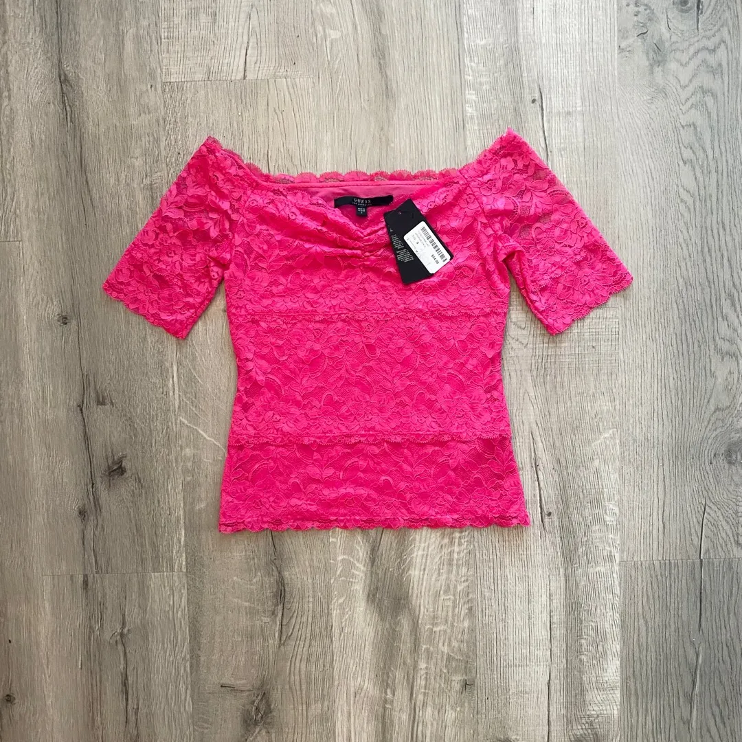 Guess Pink Lace Off Shoulder Top photo 3