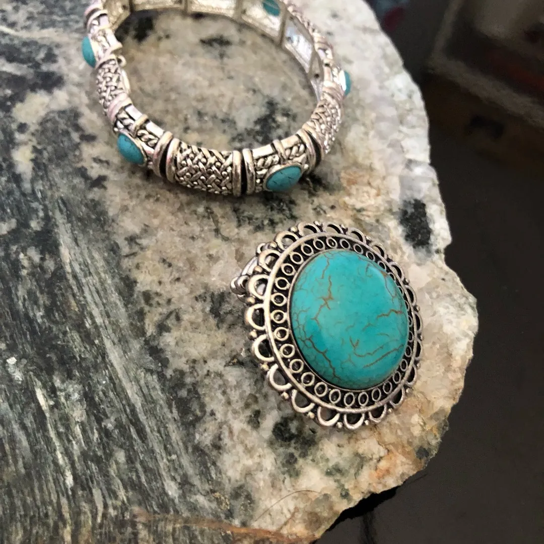 Silver And Turquoise Ring, Bangle Set photo 1