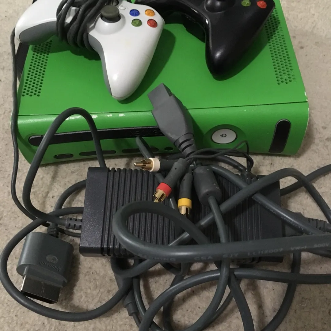 Rare Green Xbox 360, Includes Cords & 2 Controllers photo 4