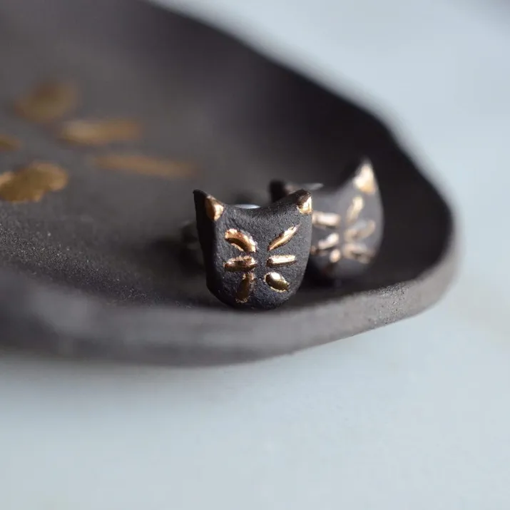 Matte Black And 18k Gold Cat Earrings photo 1