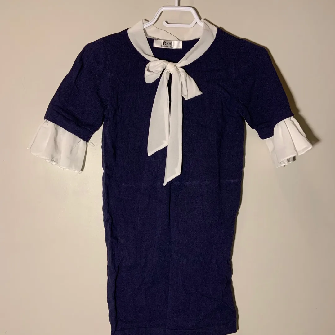 Navy Mini Dress With White Ribbon And Sleeve Detail Size XS/S photo 1