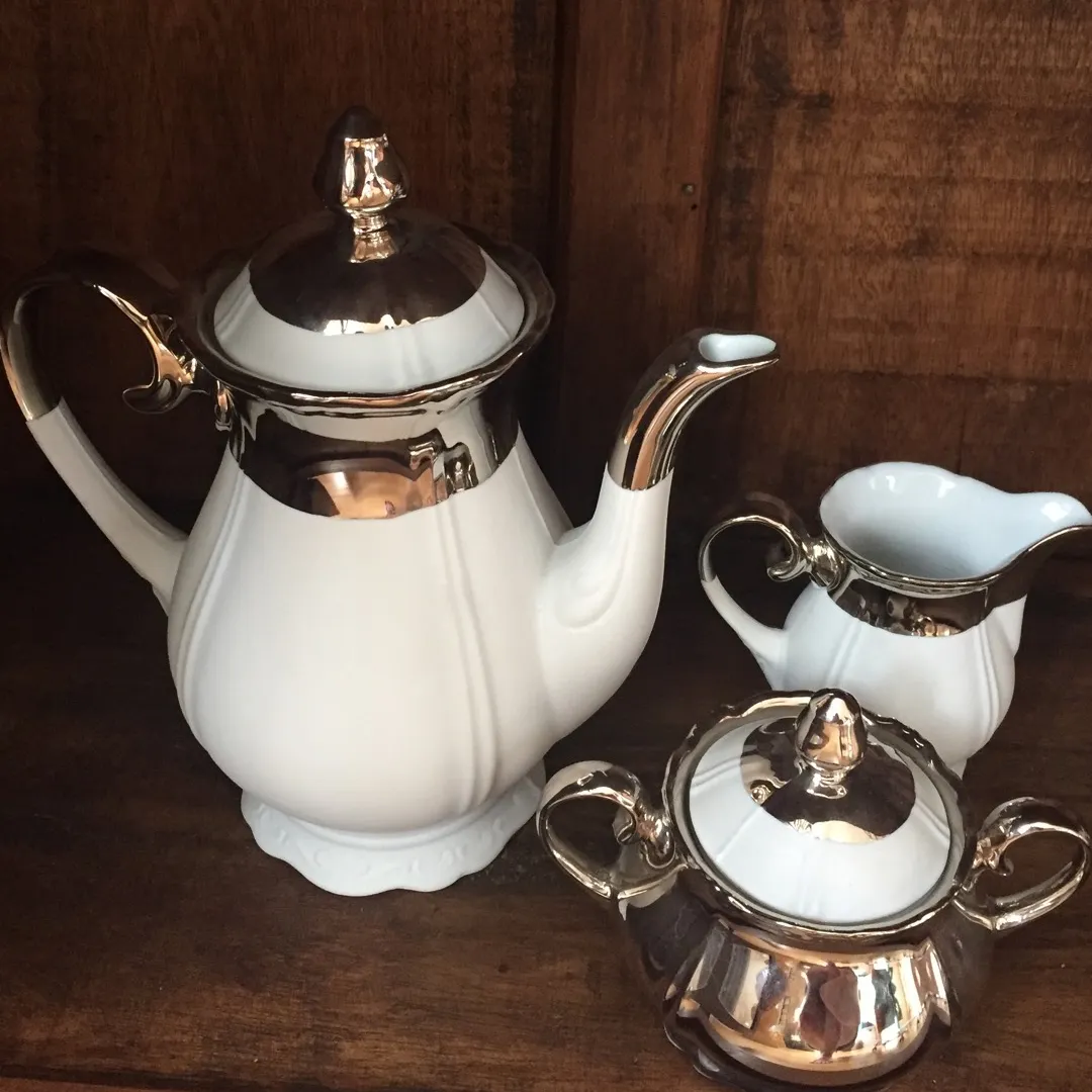 Vintage Porcelain Tea Set Dipped In Platinum! photo 1