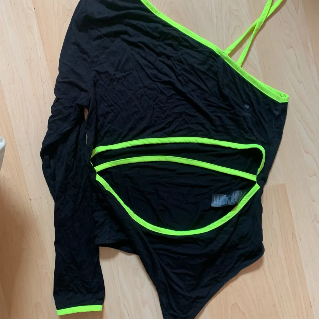 Asymmetrical Black And Neon Green Body Suit photo 1
