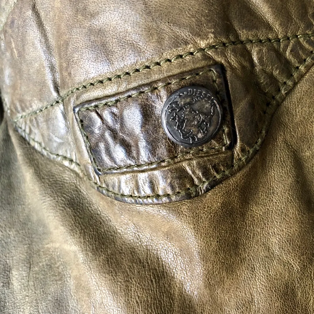 Diesel unisex distressed army green genuine leather trench co... photo 10