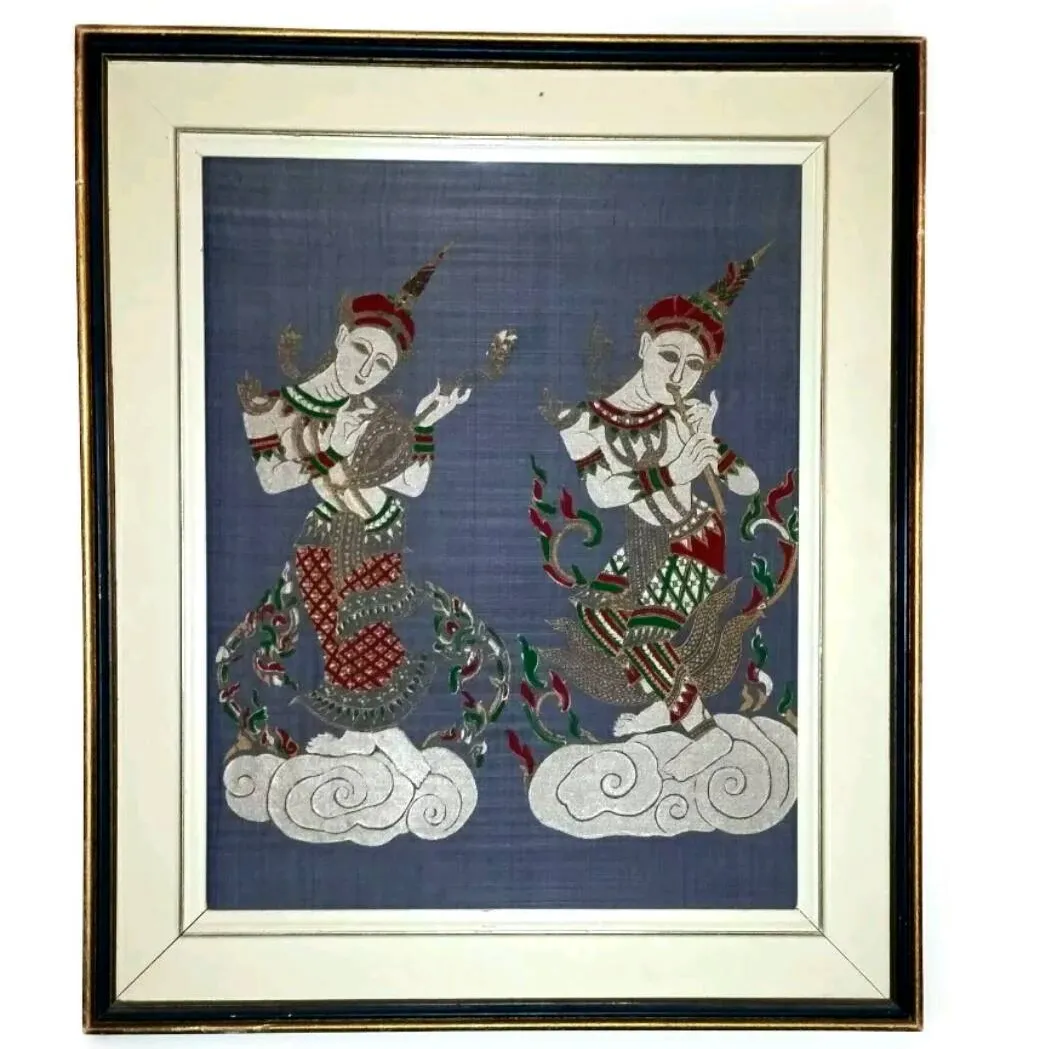 Vintage Asian framed painting on cloth photo 1