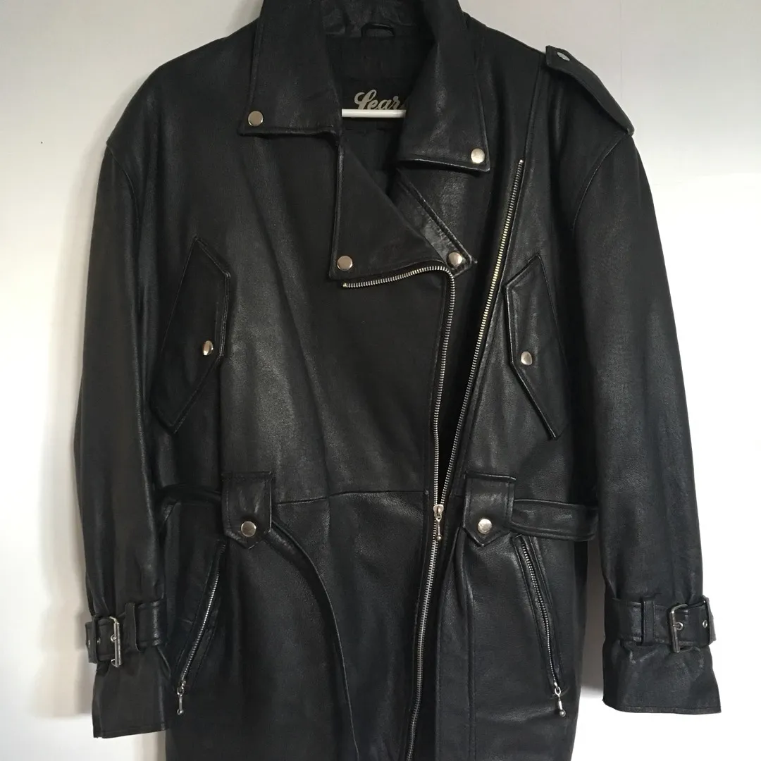Long Vintage Real Leather Biker Jacket - Size Medium M photo 1