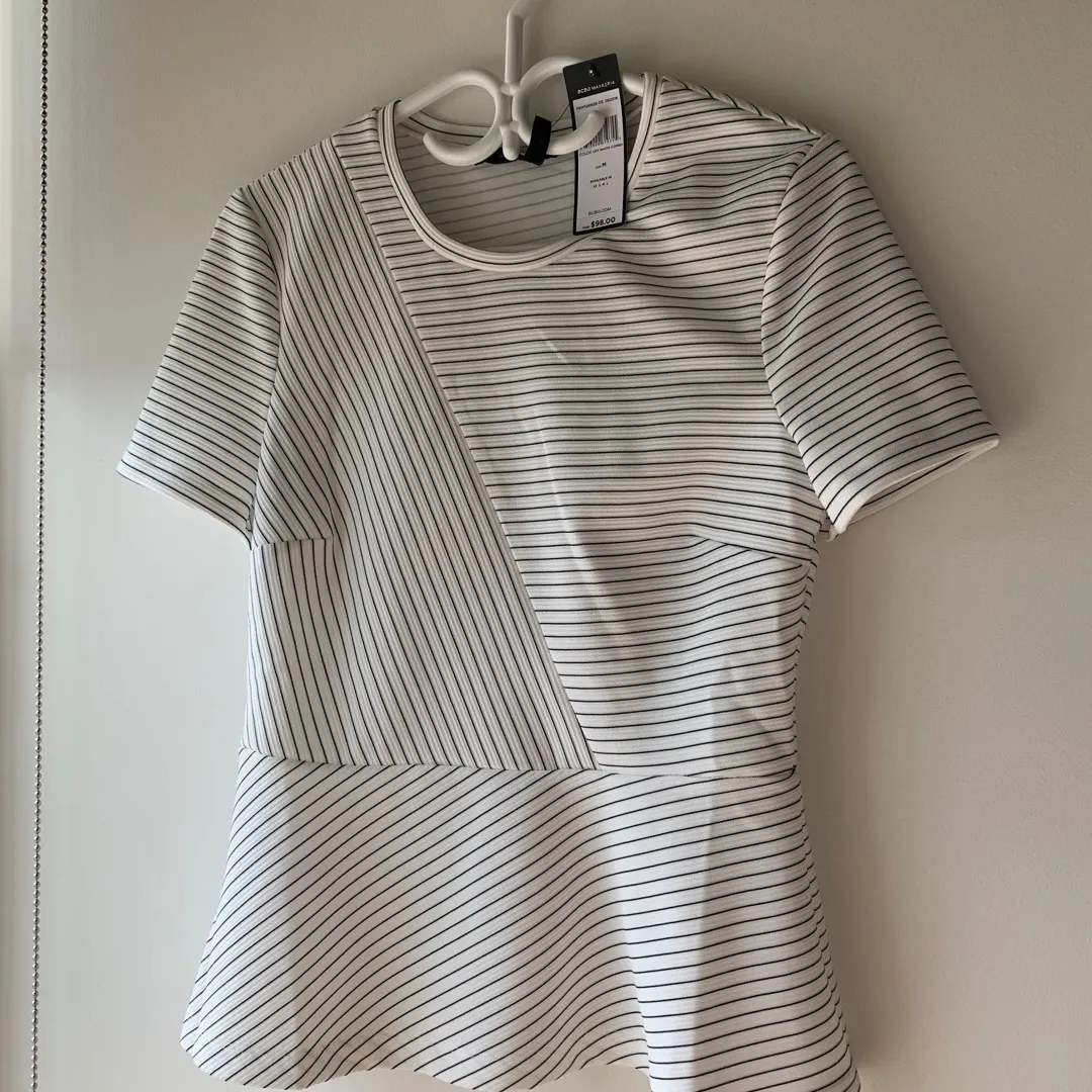 BCBG White Striped Peplum Top T-shirt w/ Tag (size medium) photo 1