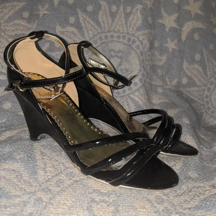 Strappy Black Wedge Heels Size 6 photo 4