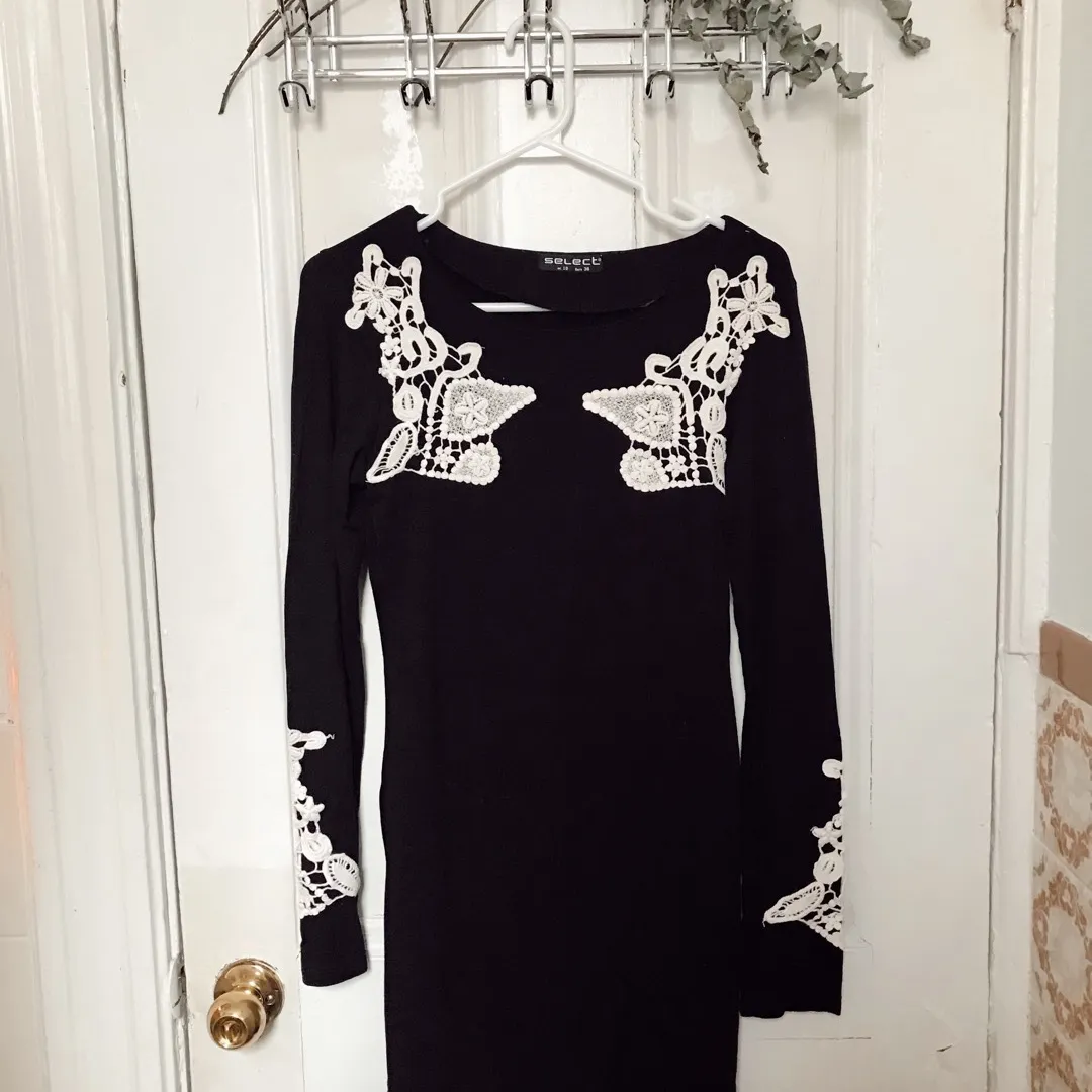 Black Form Fitting Dress With White Lace Detail photo 1