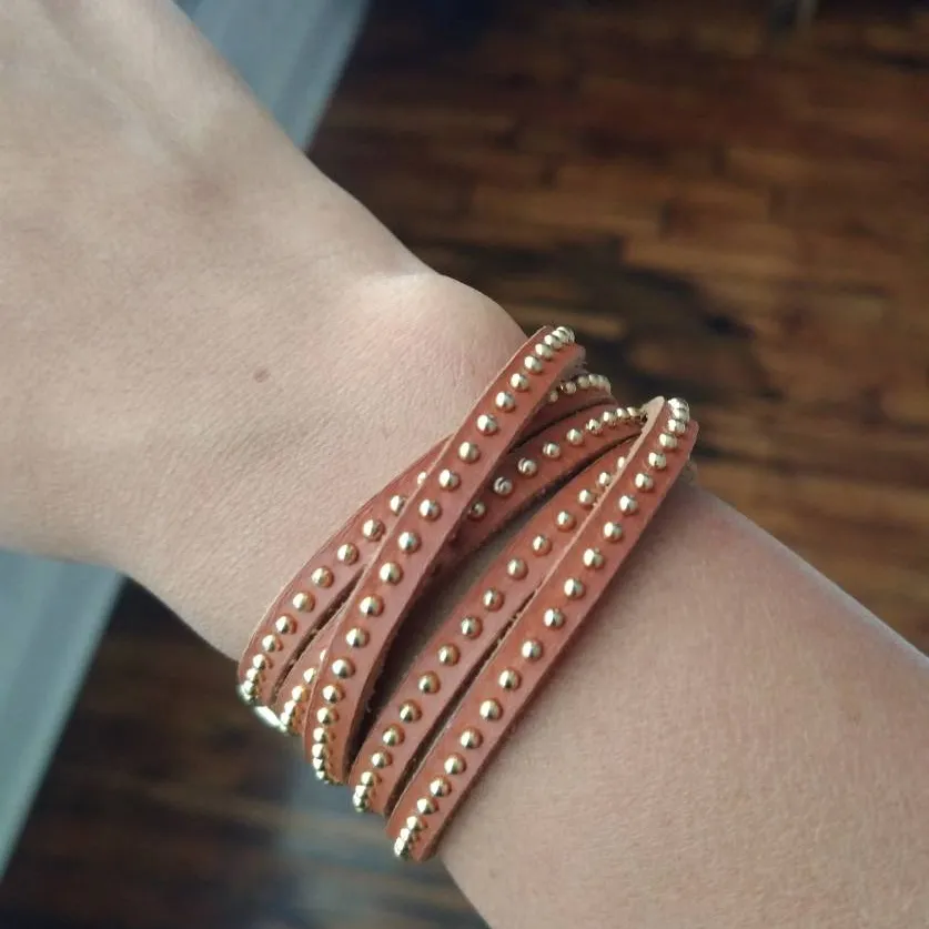 Tan Leather Gold Stud Wrap Around Bracelet photo 1