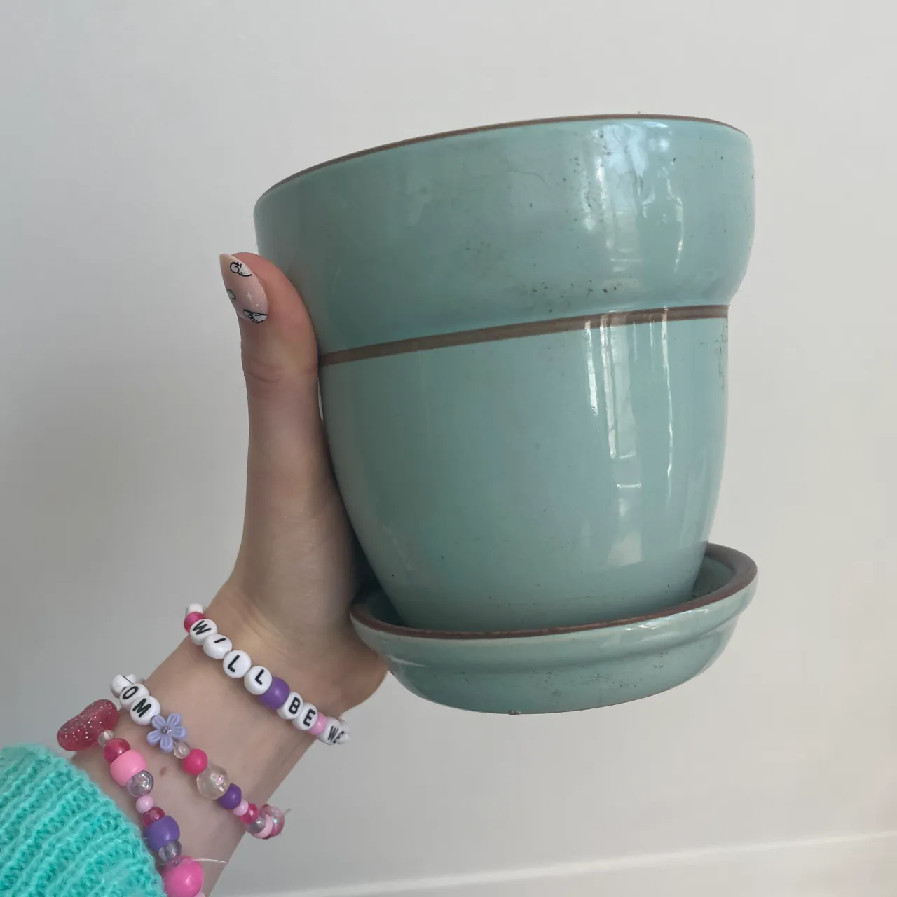 Teal plant pot with brown details  photo 3