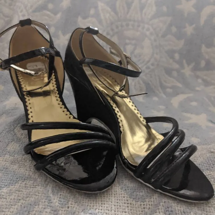 Strappy Black Wedge Heels Size 6 photo 1