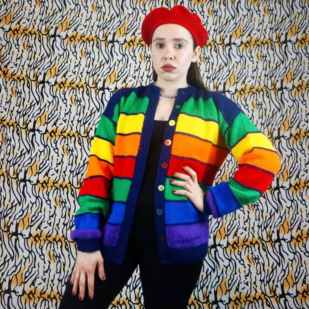 Vintage 80s - 90s Handmade Rainbow Cardigan - Size Large photo 3