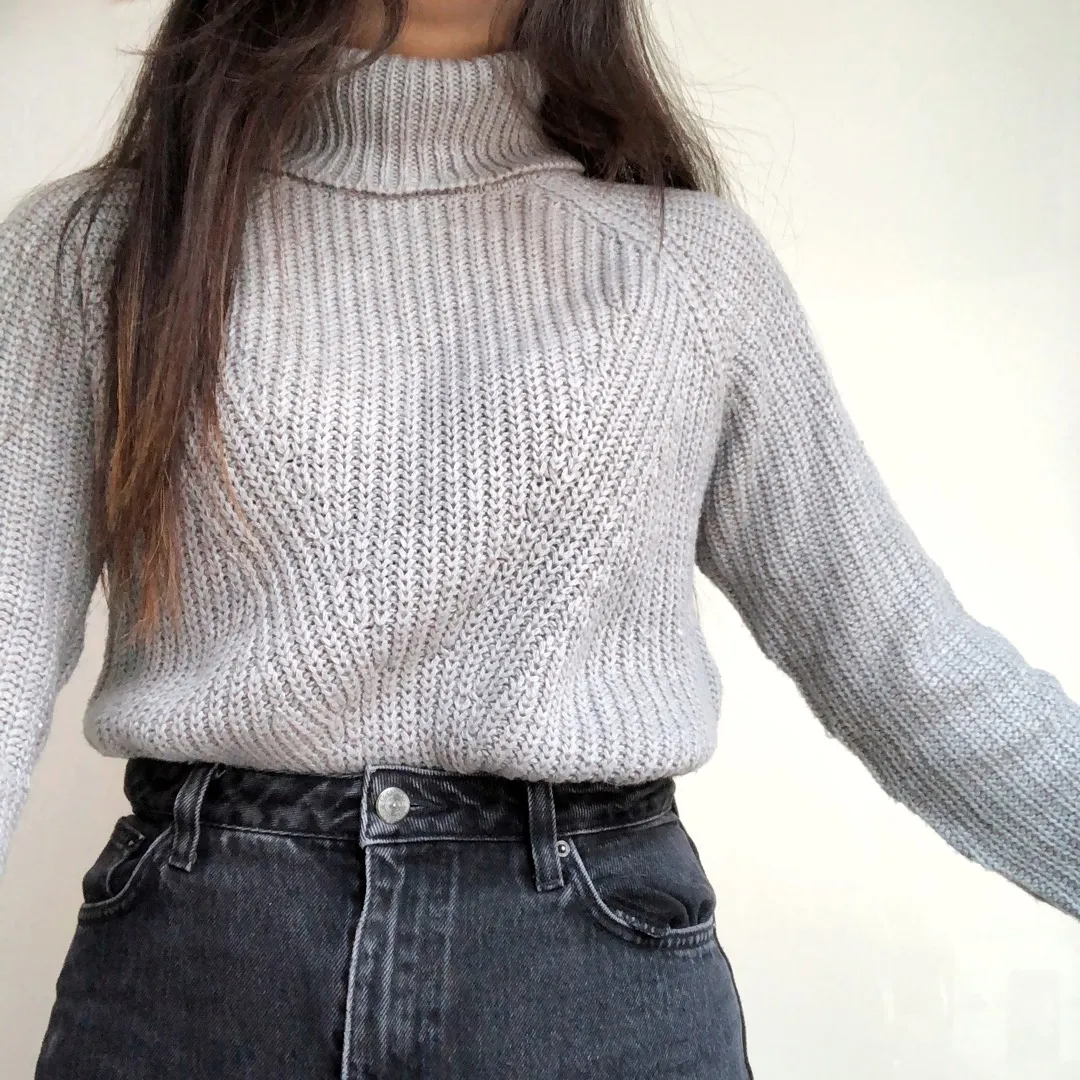 jacqueline de yong grey turtleneck knit cable sweater photo 1