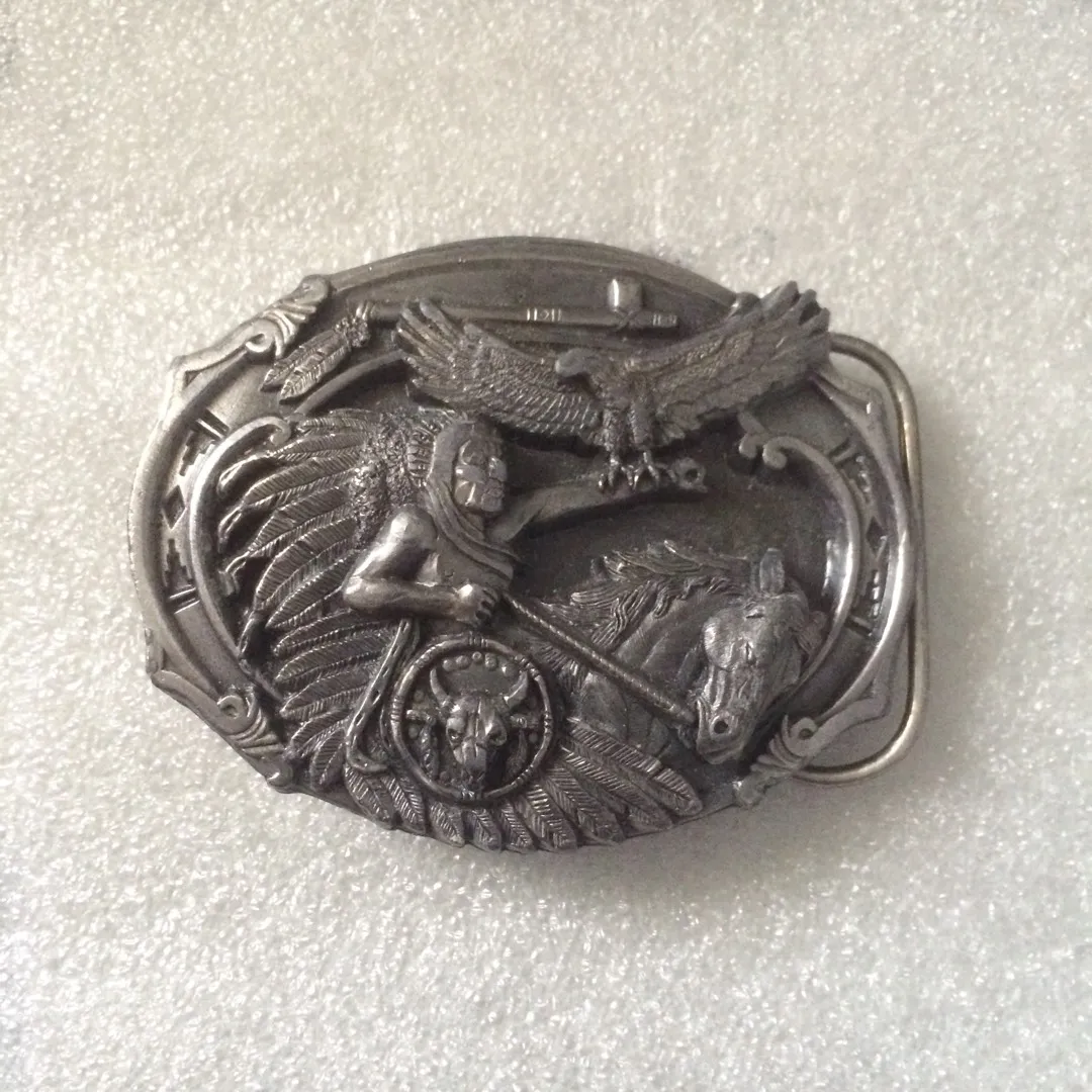Chief Eagle feather Belt Buckle In Pewter photo 1