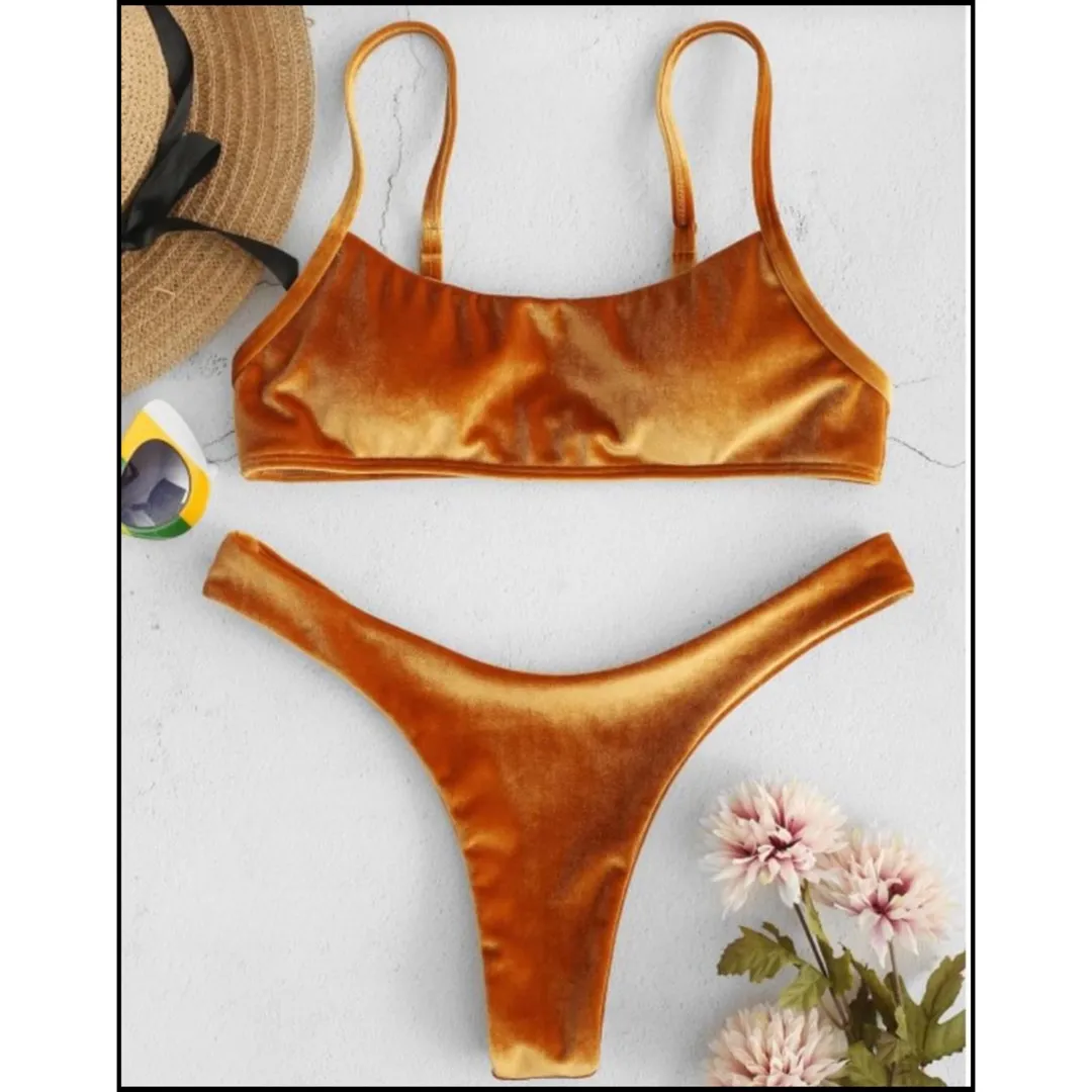 BNWT/BNIB Zaful Velvet Bikini Set (Orange / Light Brown) (Med... photo 1
