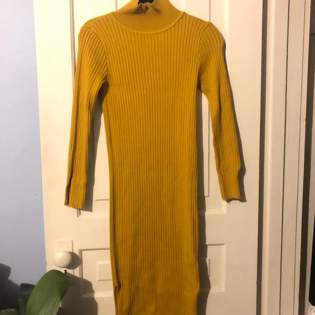 New Ribbed Mustard Turtleneck Dress w Side Slits photo 3
