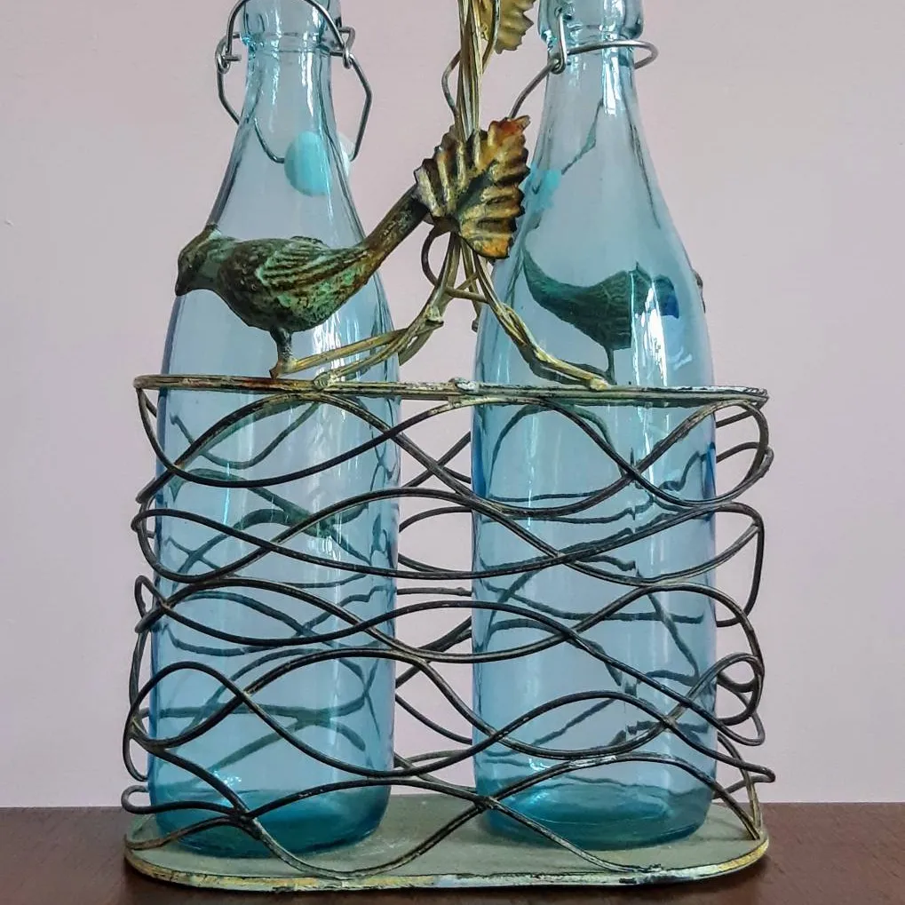 Bird Bottle Holder + 2 Blue Glass Bottles photo 1
