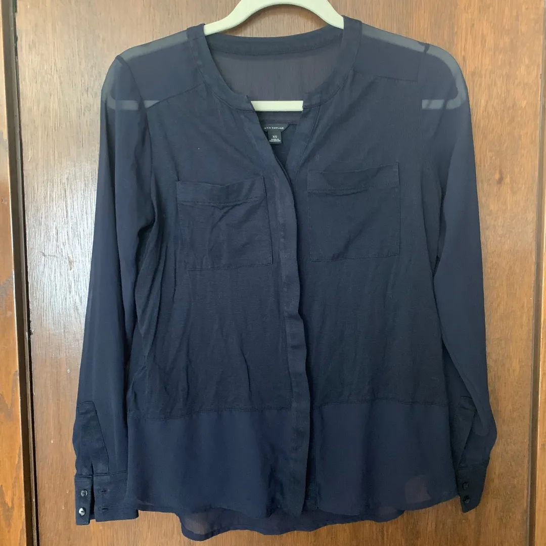 Navy Silk And Cotton Button Up photo 1