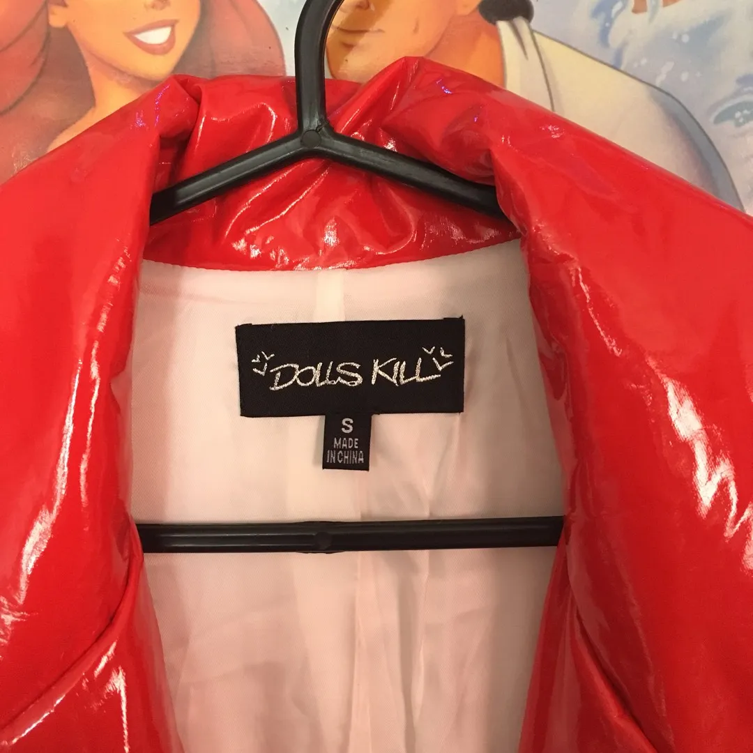 Dollskill Red Faux Pleather Shiny Red Coat photo 3