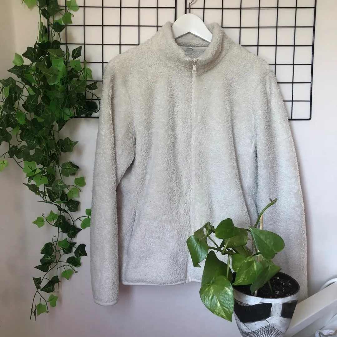 white fuzzy zipup sweater photo 1