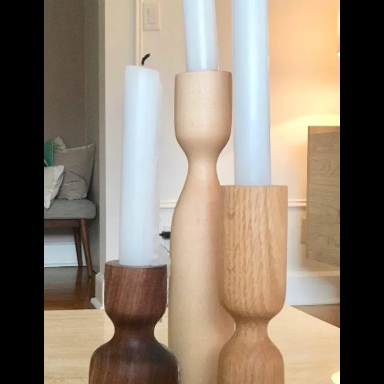 Mid Century Style Turned Wood Candlesticks photo 3