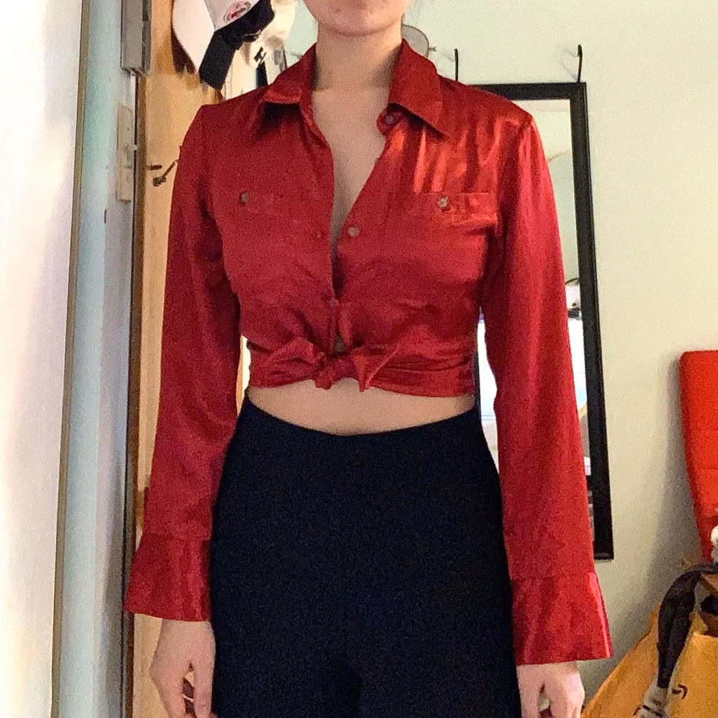 Red Satin Button-Up Top photo 1