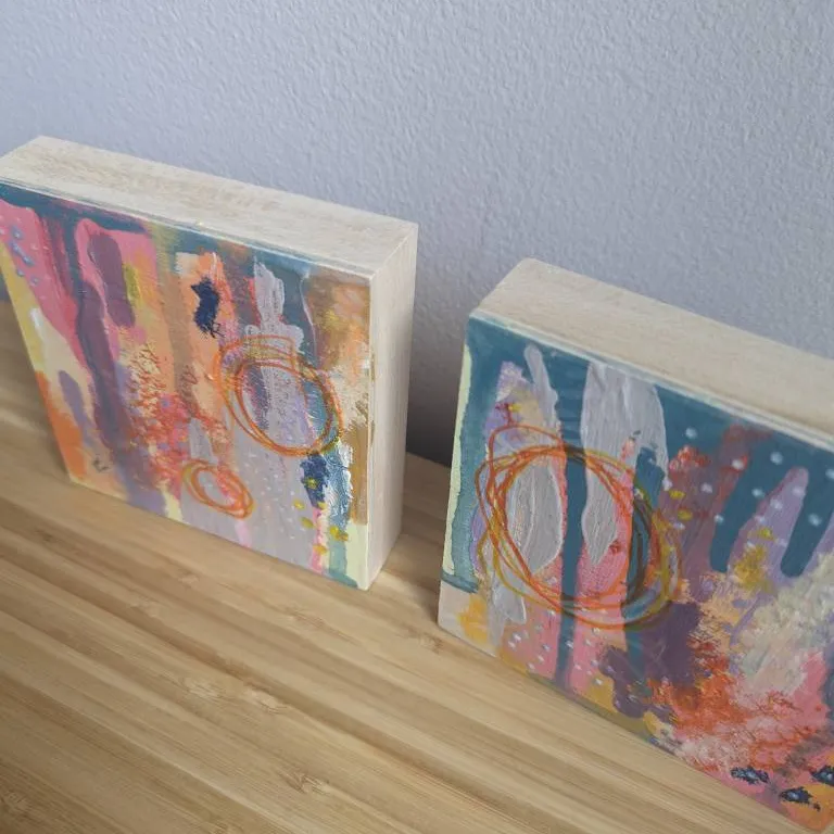 Pair Of Abstract Acrylic Mixed Media Painting Small On Wooden... photo 4