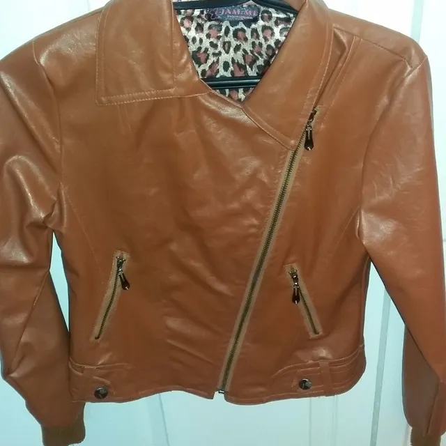 faux leather brown jacket photo 1