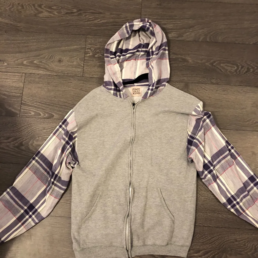 Furst Of A Kind Grey Zip Up With Plaid Sleeves photo 1