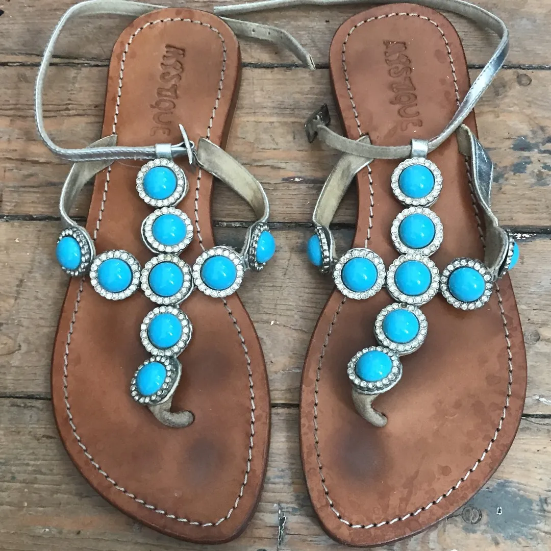 Leather, Jeweled Thong Sandals - Size 8 photo 1