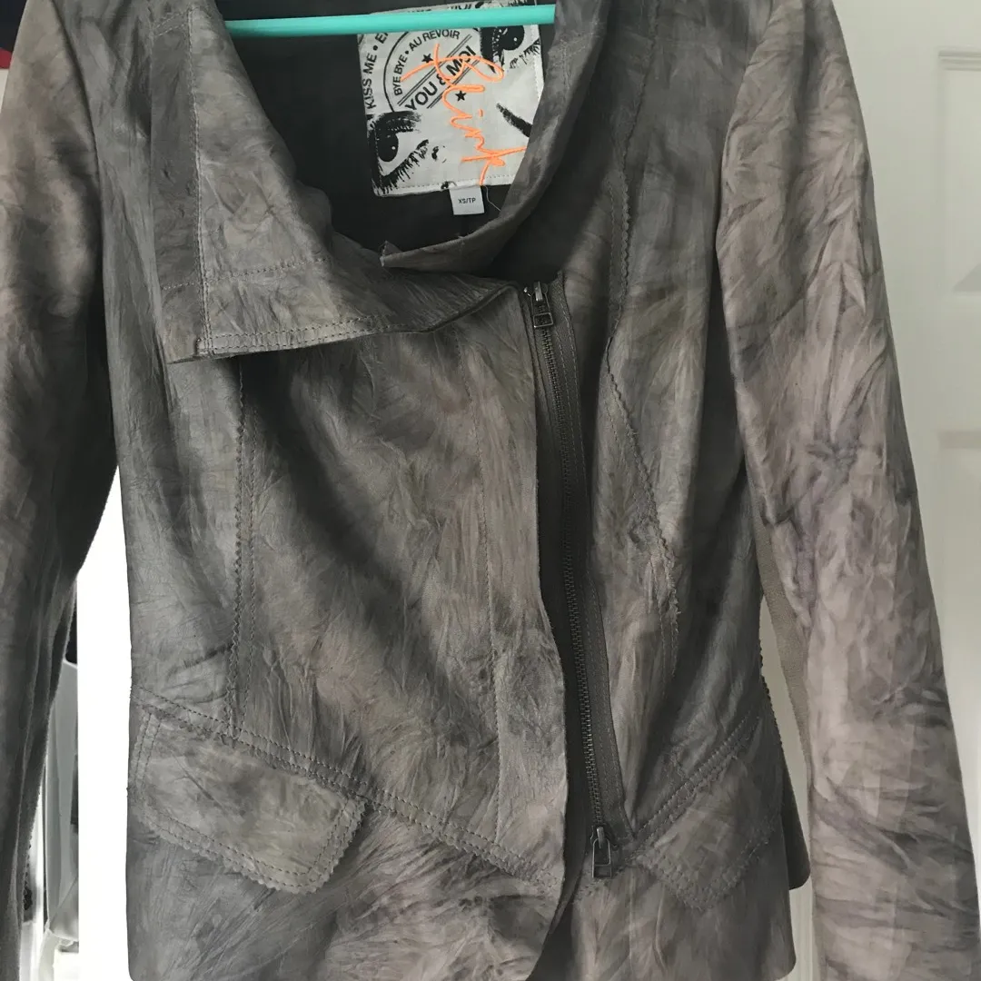 Grey Leather Jacket - Diagonal Zip photo 1