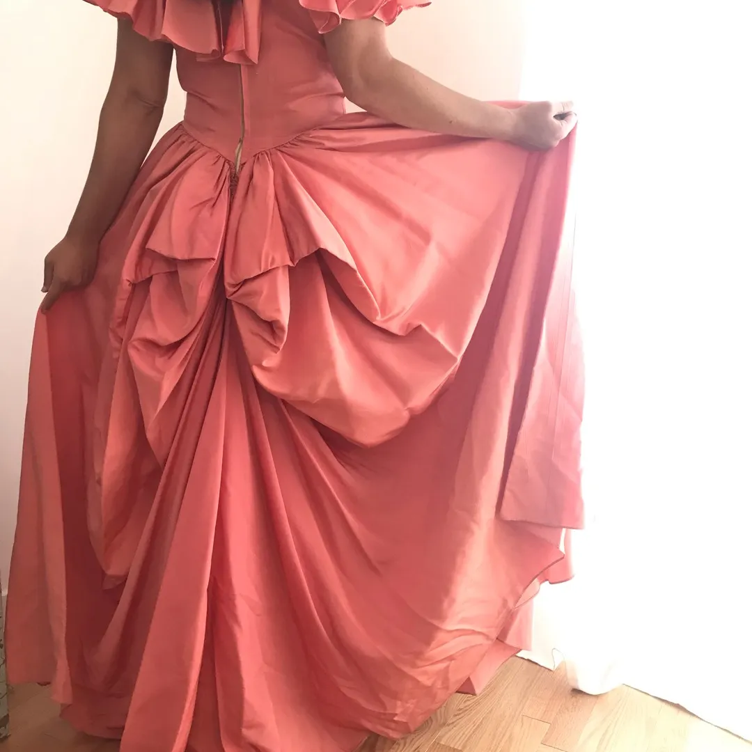 1970s Off The Shoulder Peach Gown photo 4