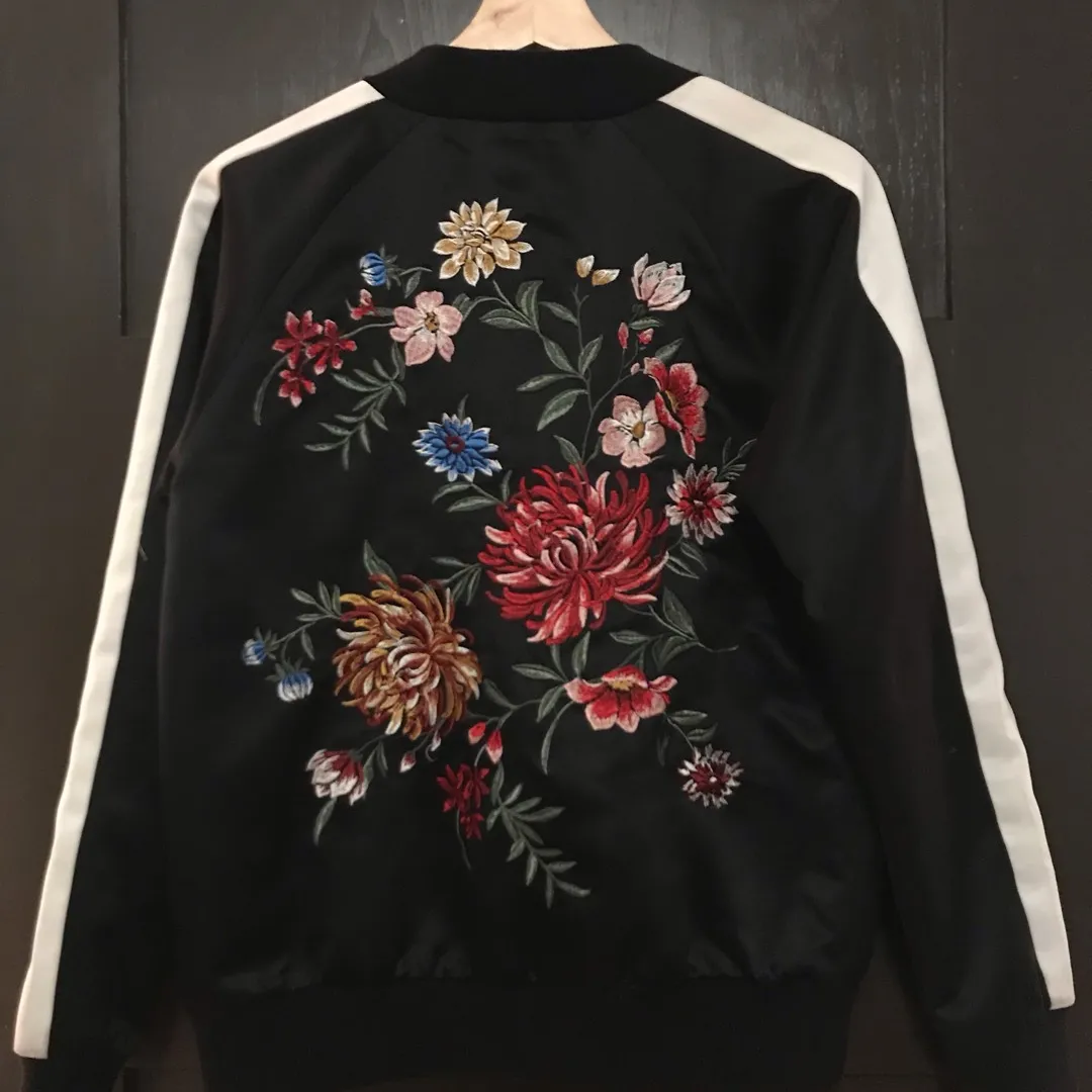 Forever 21 Black Floral Embroidery Bomber Jacket photo 1