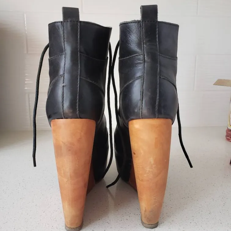 Black Leather Wood Heel Platform Wedge Size 7 photo 5